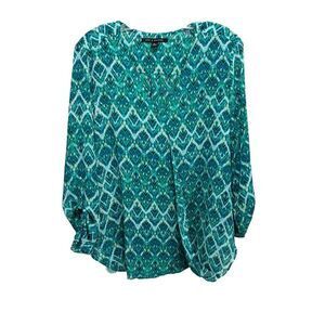 Zac & Rachel Green/Blue Geo Print Chiffon Long‎ Tab Sleeve Blouse Size XL Wrap